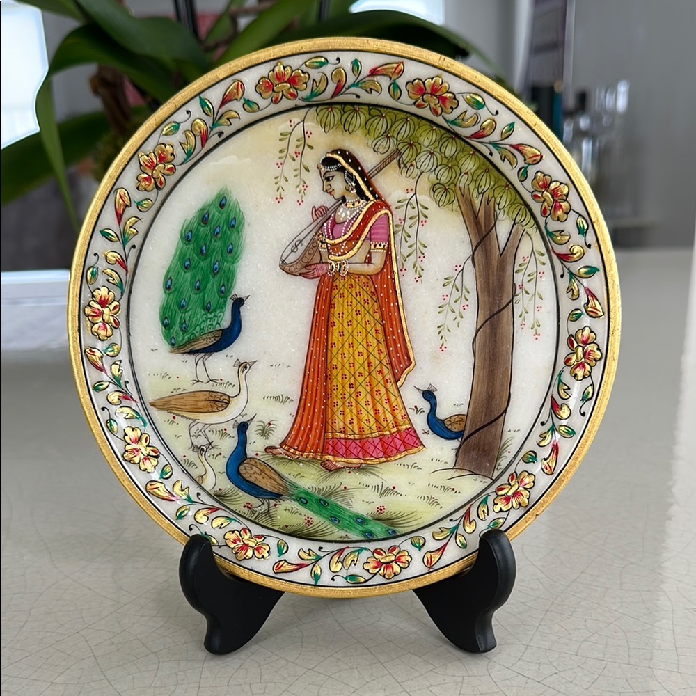 Hand-Painted Rajasthani with Peacock and Veena Gold leaf Decorative Plate